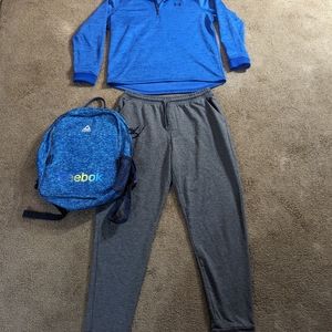 Men's SZ L Athletic Bundle Under Armour Coldgear Dryworks Grey Joggers Backpack
